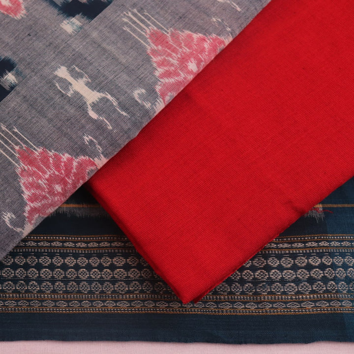 Detail of grey Sambalpuri Cotton dress material blouse piece with red motifs.