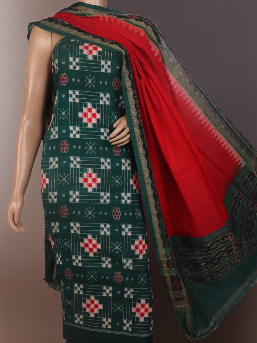 Detail of the red and green Pasapalli patterned blouse piece of the Sambalpuri cotton dress material.