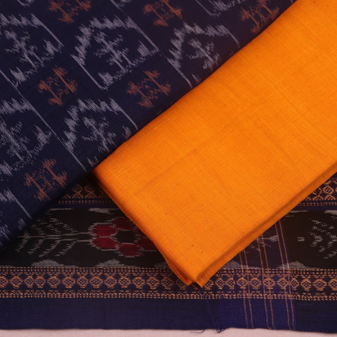 Blue and yellow Sambalpuri cotton dress material blouse piece with motifs.