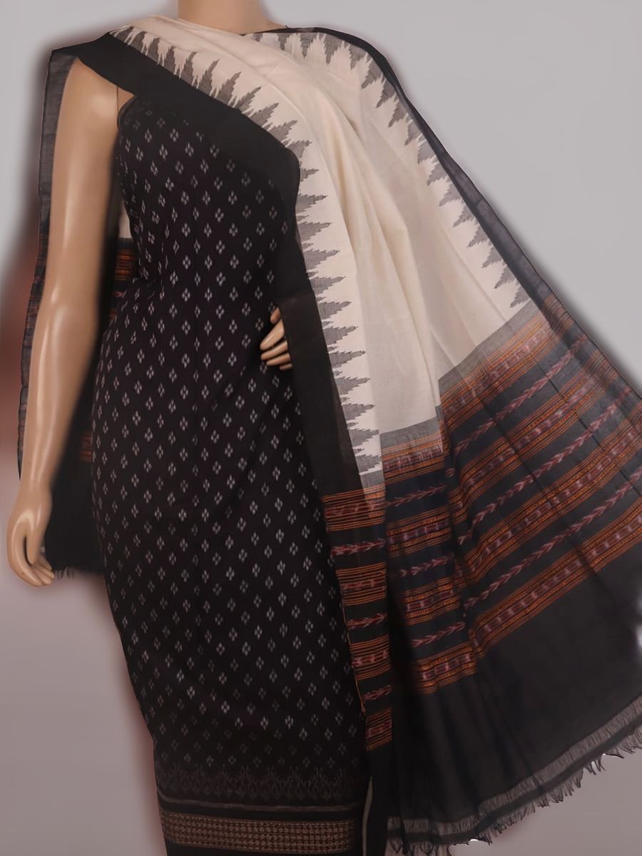 Detail of the black Sambalpuri cotton dress material's matching blouse piece with motifs.