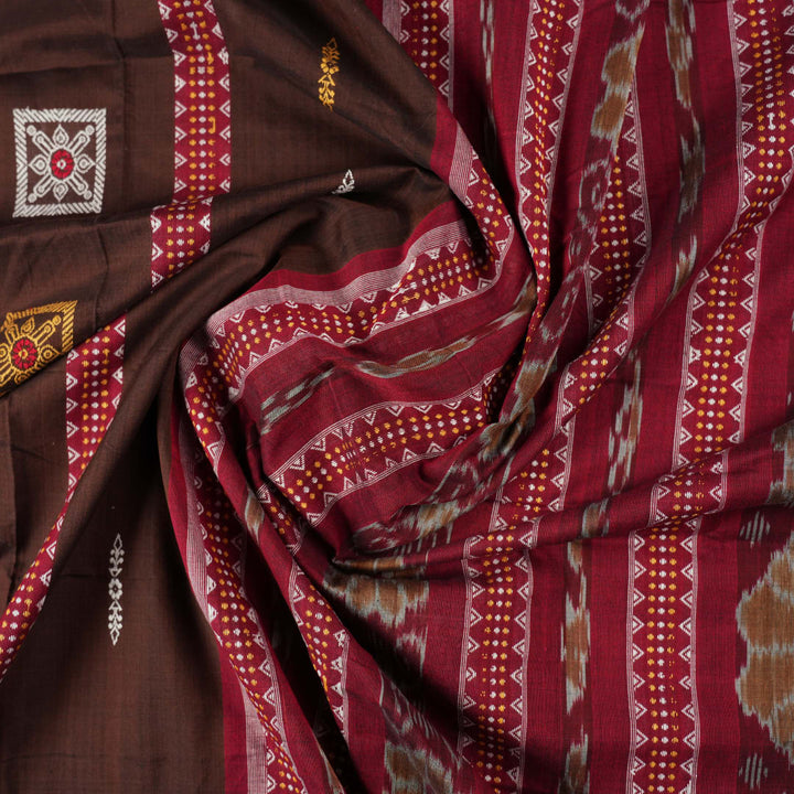 Full layout of brown and red handloom Bomkai cotton saree showing butta body and decorative pallu.