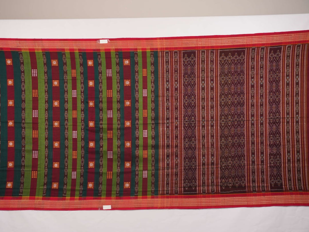 Full layout view of the multi-color striped Sambalpuri cotton saree with red border and pallu