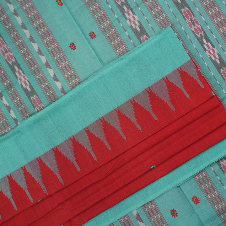 Full flat layout view of the red and green Sambalpuri cotton saree showcasing the butta pattern and borders.
