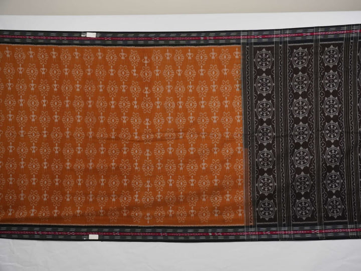 Full layout of the brown and black Sambalpuri cotton saree displaying the complete body and pallu design.