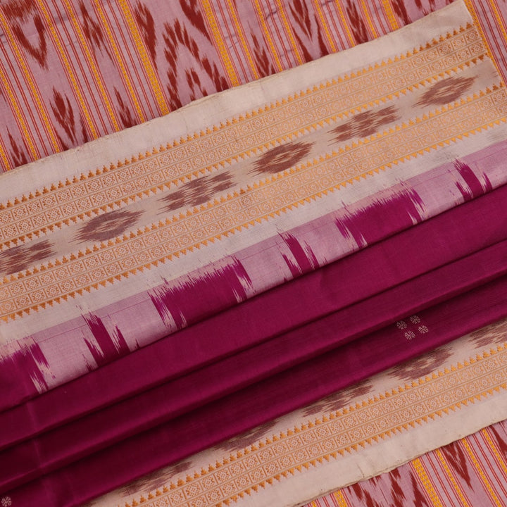 Pink and off white silk Khandua saree draped in a stylish manner, showcasing the intricate butta pattern and border details.