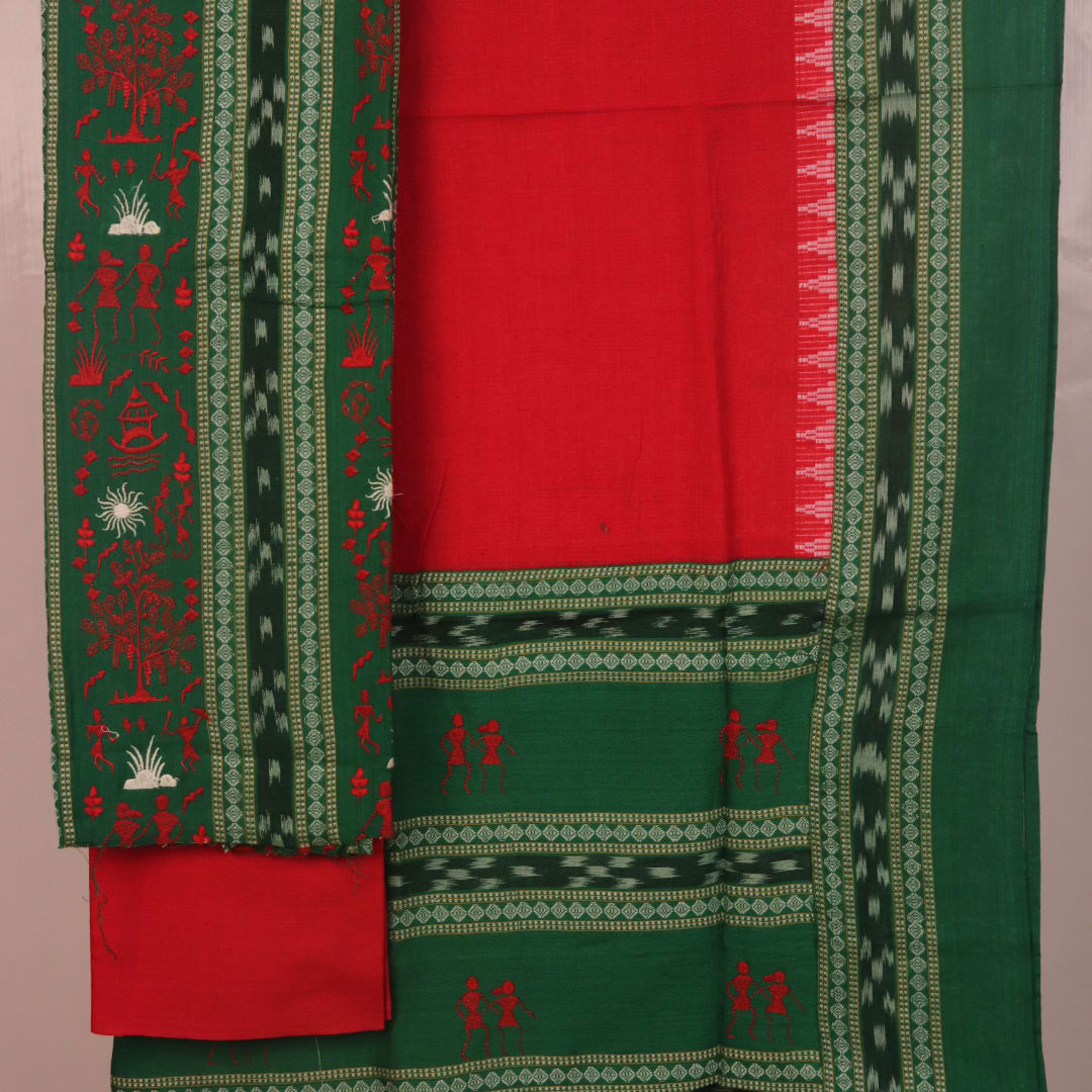 Detail of the green and red Sambalpuri cotton dress material blouse piece with motifs.