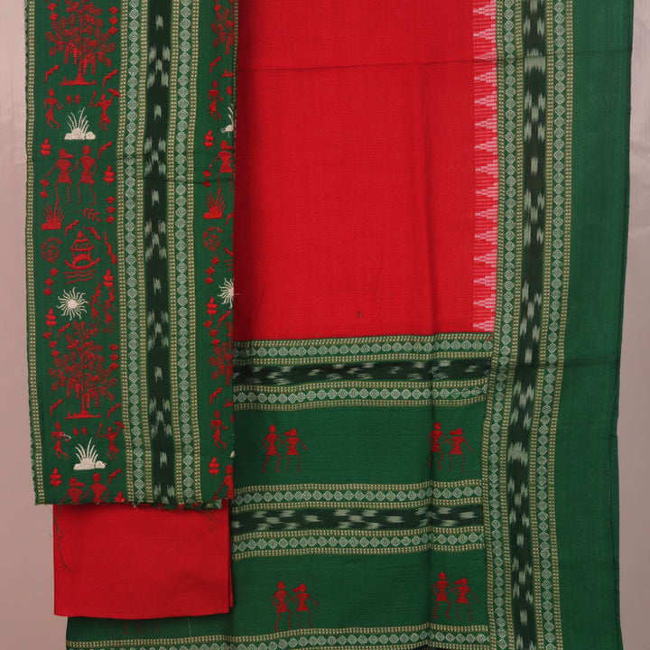 Detail of the green and red Sambalpuri cotton dress material blouse piece with motifs.