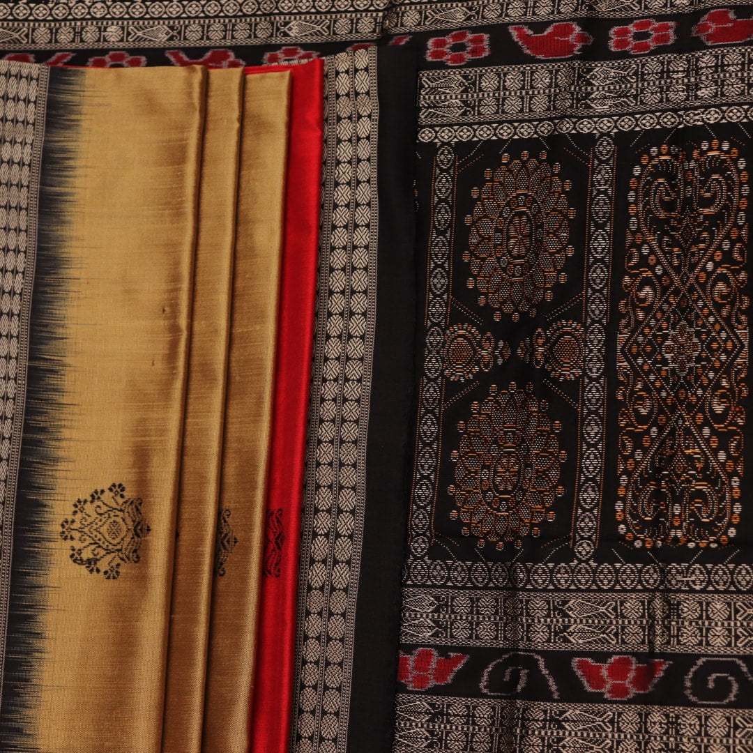 Close-up view of the vibrant and intricate silk fabric texture of a multicolored Bomkai silk saree with a black butta pattern.