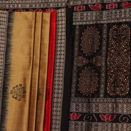 Close-up view of the vibrant and intricate silk fabric texture of a multicolored Bomkai silk saree with a black butta pattern.