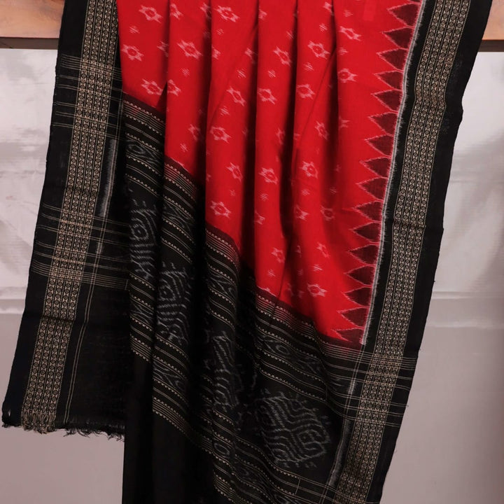 Red and black Sambalpuri cotton dupatta featuring intricate motif patterns