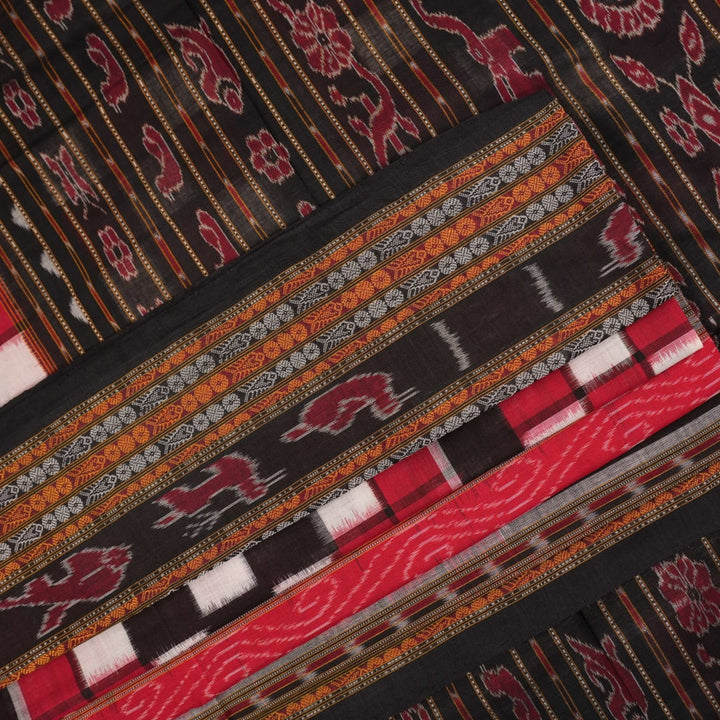 Model draped in a maroon and black pasapalli Sambalpuri cotton saree showcasing traditional Odisha style.