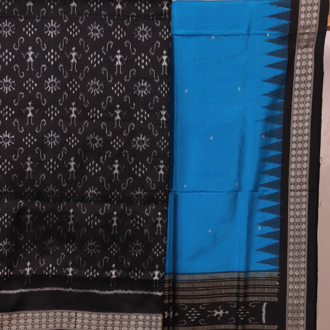 Detail of Sambalpuri black and blue silk dress material blouse piece with motifs.