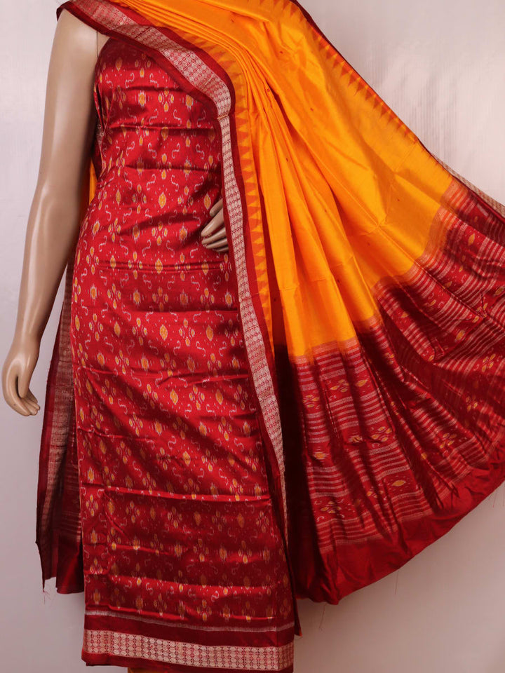 Maroon and Yellow Sambalpuri Silk Dress Material blouse piece with motifs.