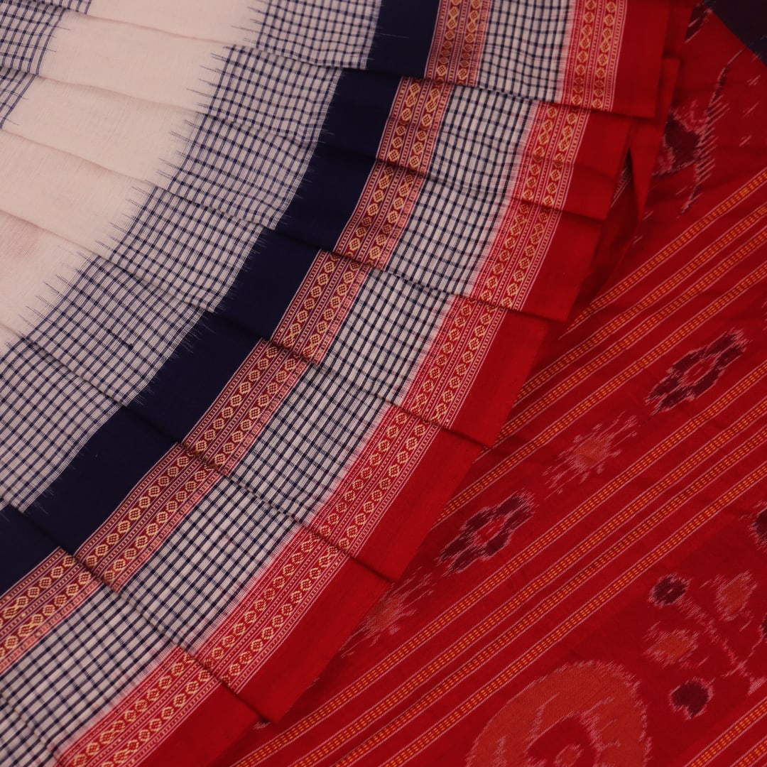 Blue cotton Bomkai saree with red butta pattern, full view