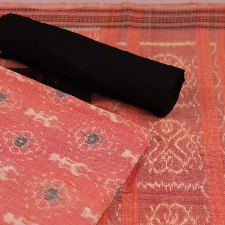 Close-up view of blouse piece design in peach cotton Sambalpuri dress material featuring traditional motifs