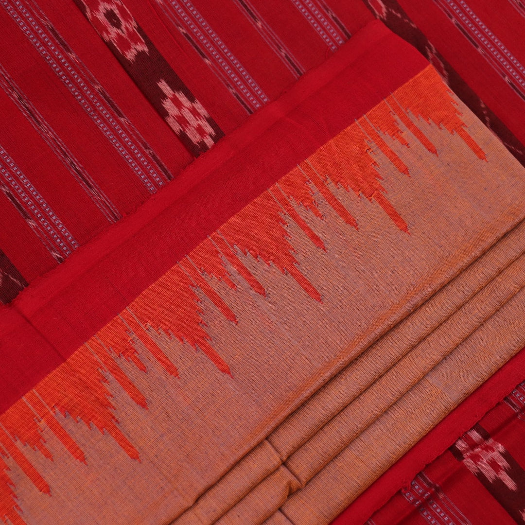 Handloom multi-color red plain Sambalpuri cotton saree, full product view.