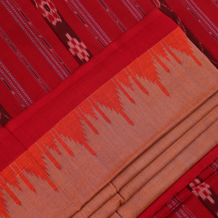 Handloom multi-color red plain Sambalpuri cotton saree, full product view.