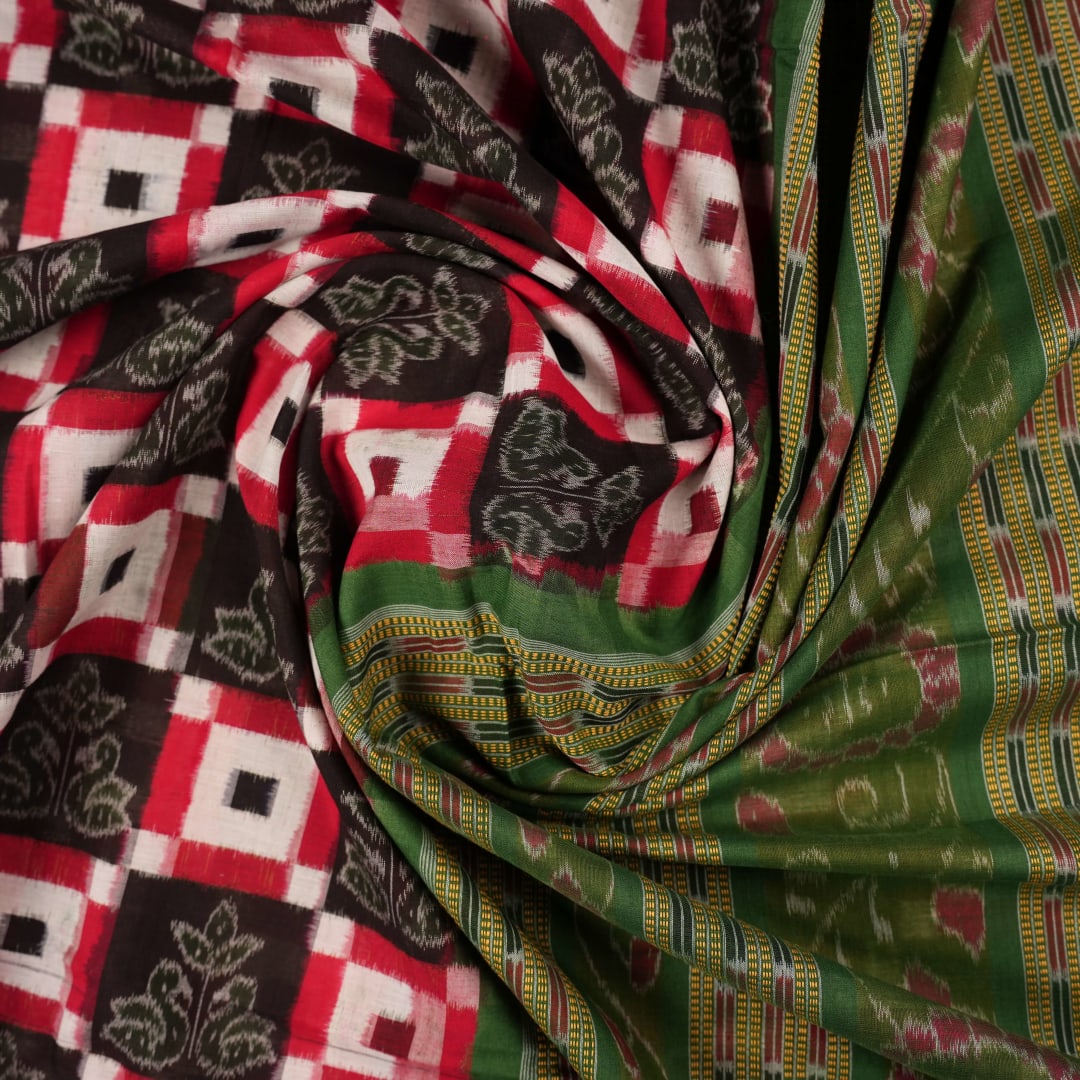 Full layout of a multi-color Sambalpuri cotton saree showcasing the green Pasapalli weave and borders.