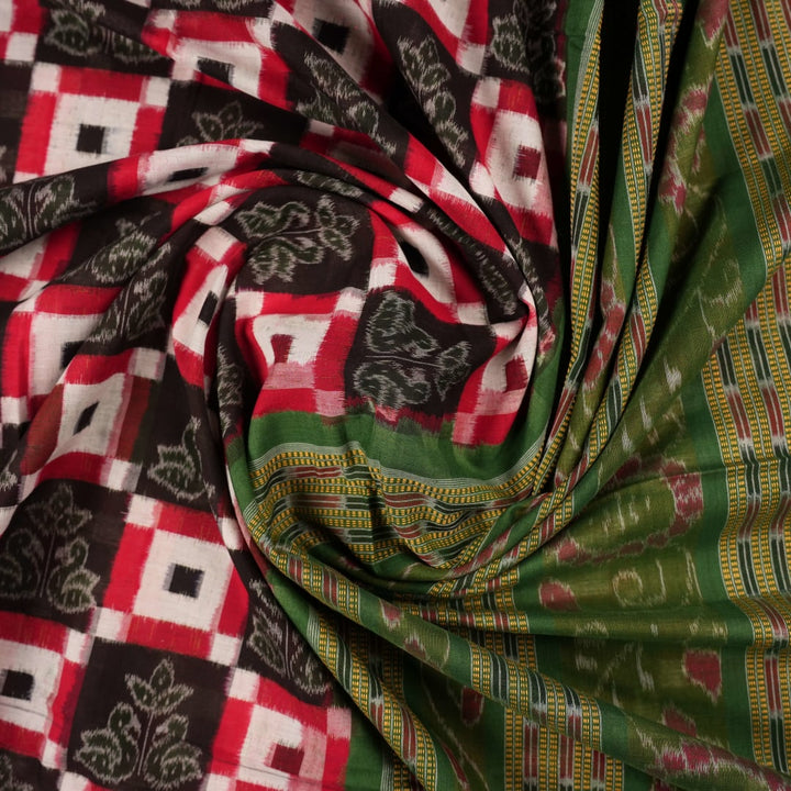 Full layout of a multi-color Sambalpuri cotton saree showcasing the green Pasapalli weave and borders.