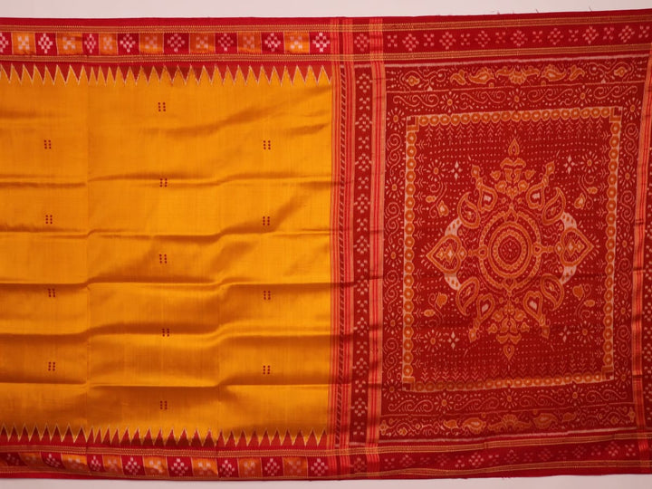 Styled drape view of yellow silk Khandua saree with red butta embroidery