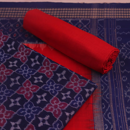 Detail of Sambalpuri blue and red cotton dress material blouse piece, featuring motifs.