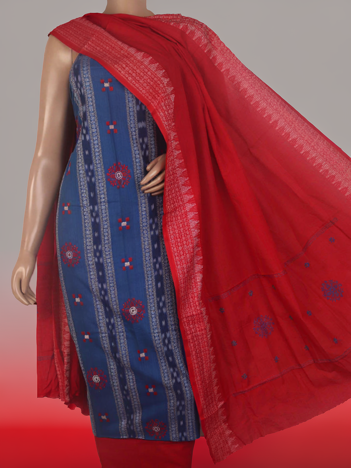 Sambalpuri cotton dress material: Close-up of blue blouse piece with red motifs.