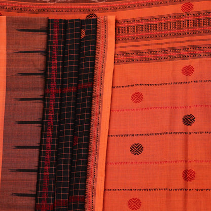 Full view of a Black and Orange Cotton Sambalpuri Saree with a Butta pattern.