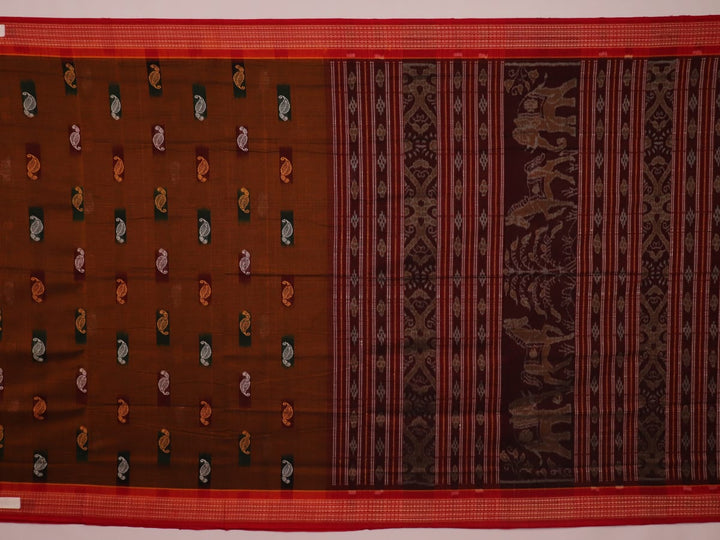 A brown and red Bomkai cotton saree with butta pattern on display