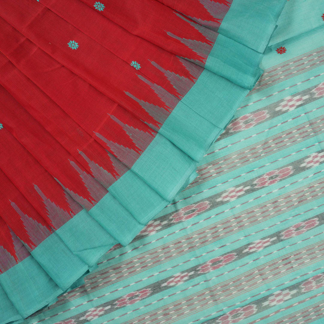 Full flat layout view of the red and green Sambalpuri cotton saree showcasing the butta pattern and borders.