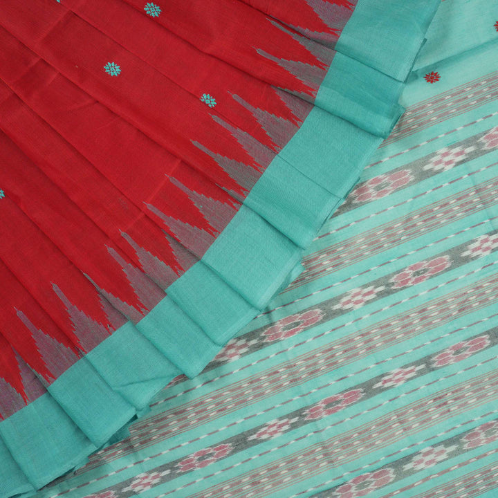 Full flat layout view of the red and green Sambalpuri cotton saree showcasing the butta pattern and borders.