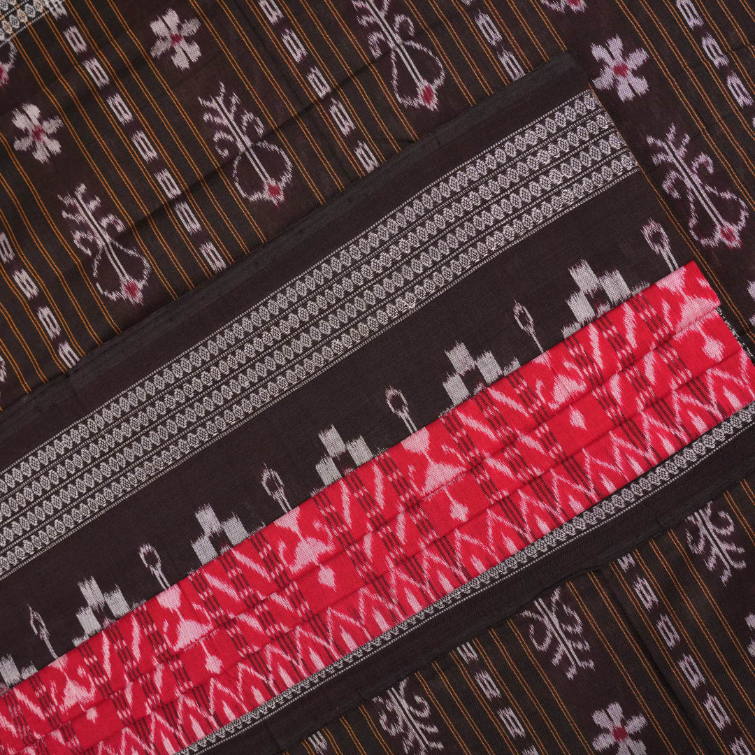 Full layout of a red and black Sambalpuri cotton saree displaying the overall body and pallu design.