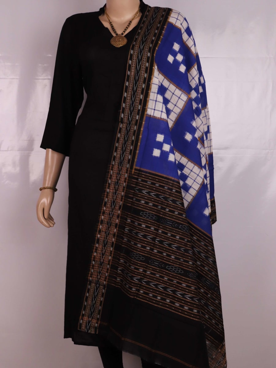 Stylishly draped Sambalpuri cotton dupatta in blue and black with intricate Pasapalli motifs
