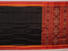 Black Khandua silk saree styled; showcases the drape and overall appearance, highlighting the red butta pattern.