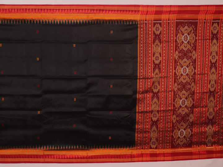 Black Khandua silk saree styled; showcases the drape and overall appearance, highlighting the red butta pattern.