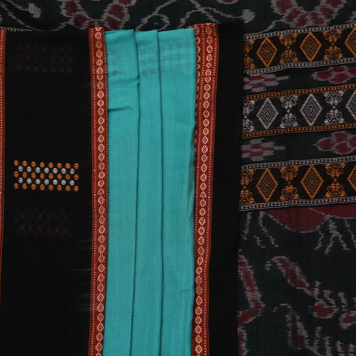 Full view of a green and black cotton Bomkai saree featuring traditional butta patterns