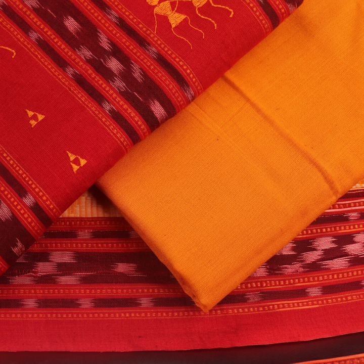 Sambalpuri red and yellow cotton dress material: Close-up of its motif-patterned blouse piece.