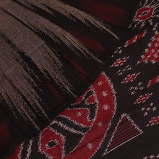 Styled view of a plain grey and black Sambalpuri cotton handloom saree.