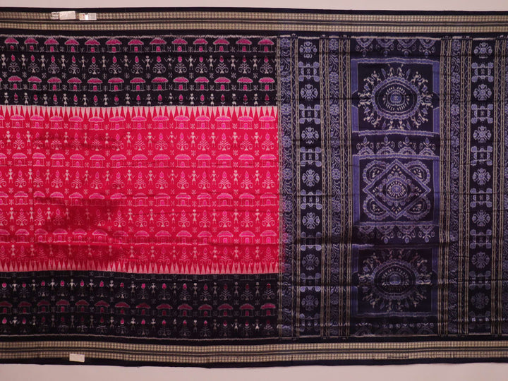 Close-up showing the intricate silk fabric texture of a magenta Sambalpuri saree with multicolor motifs.