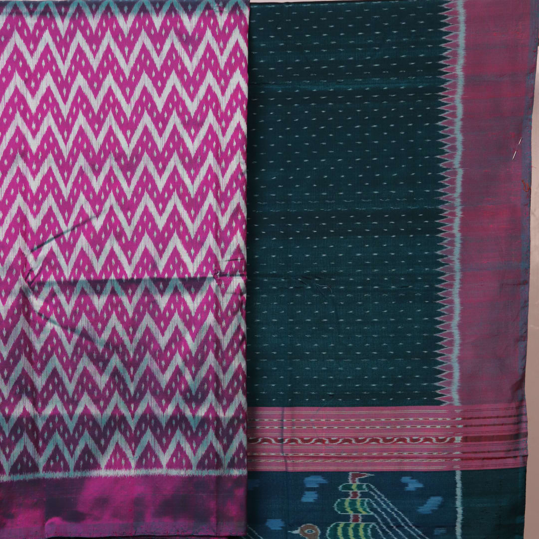 Sambalpuri silk dress material: Purple-green blouse piece with motif details.