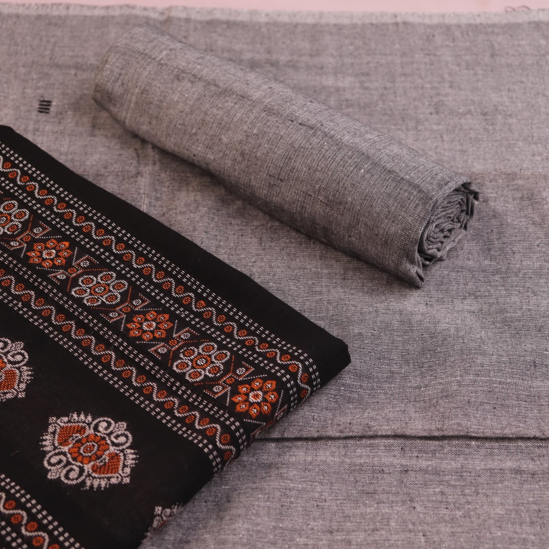 Handloom Black Bomkai Cotton Dress Material with Grey border
