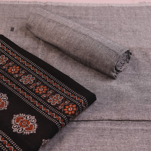 Black Butta Bomkai Cotton Dress Material with Grey Border