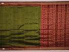 Styling view of vibrant green Khandua silk saree with maroon butta pattern