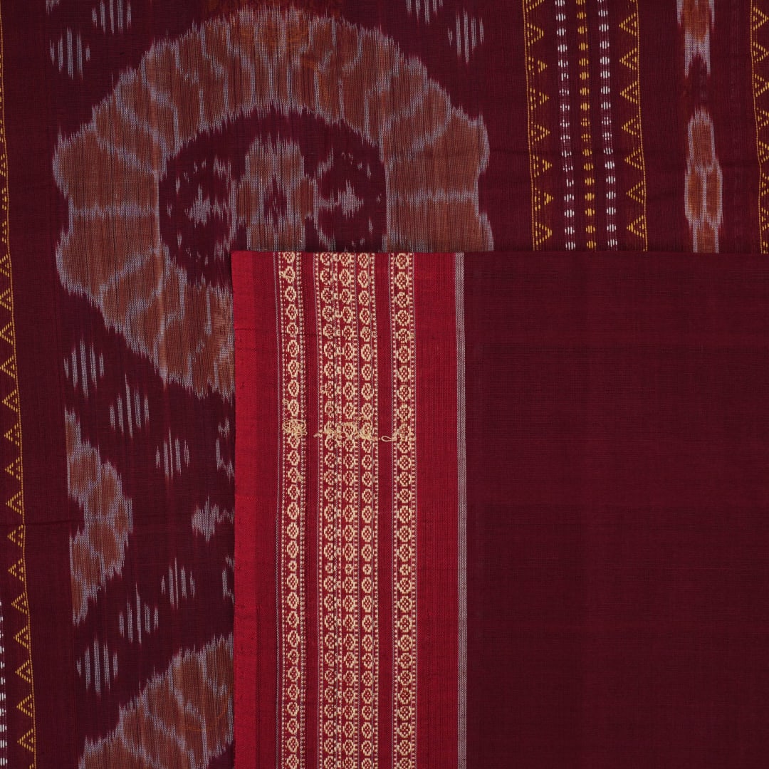 Full layout of the blue Bomkai cotton saree with red border and butta motifs, showcasing the entire design.