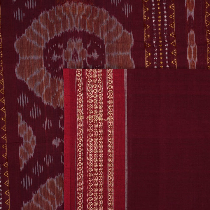 Full layout of the blue Bomkai cotton saree with red border and butta motifs, showcasing the entire design.