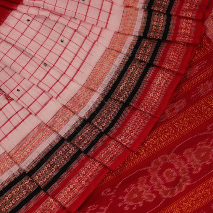 Full view of a multi-colored Bomkai cotton saree featuring a butta pattern with a red border.