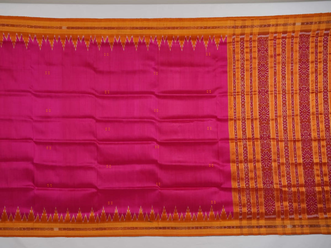 Model wearing a pink and yellow Khandua silk saree with butta work, styled in a traditional drape.