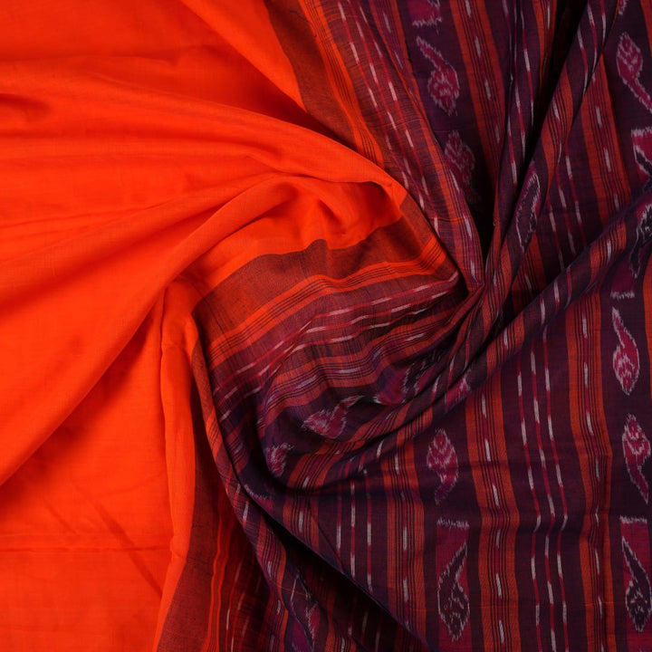 Full layout of the orange Sambalpuri cotton saree with blue border and pallu, highlighting the design.