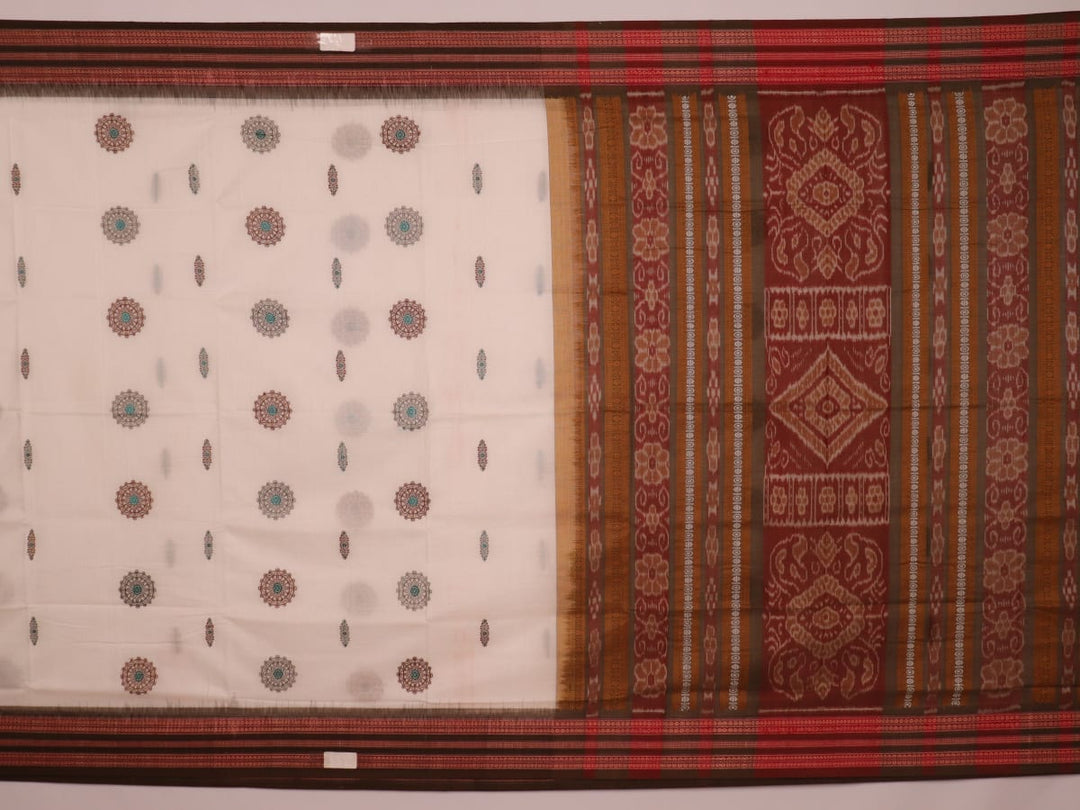 Full view of an elegant white cotton Bomkai handloom saree featuring a brown butta pattern.