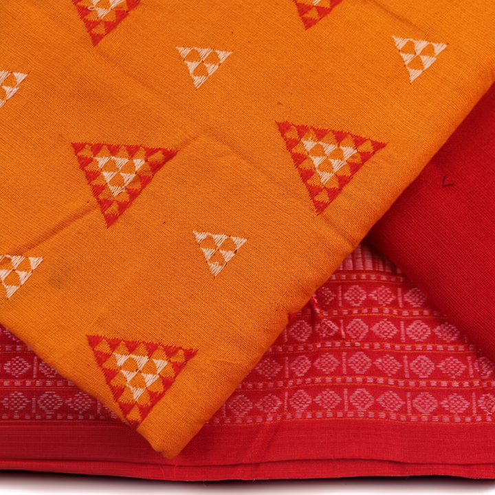 Close-up of the yellow and red Sambalpuri cotton dress material blouse piece with motifs.