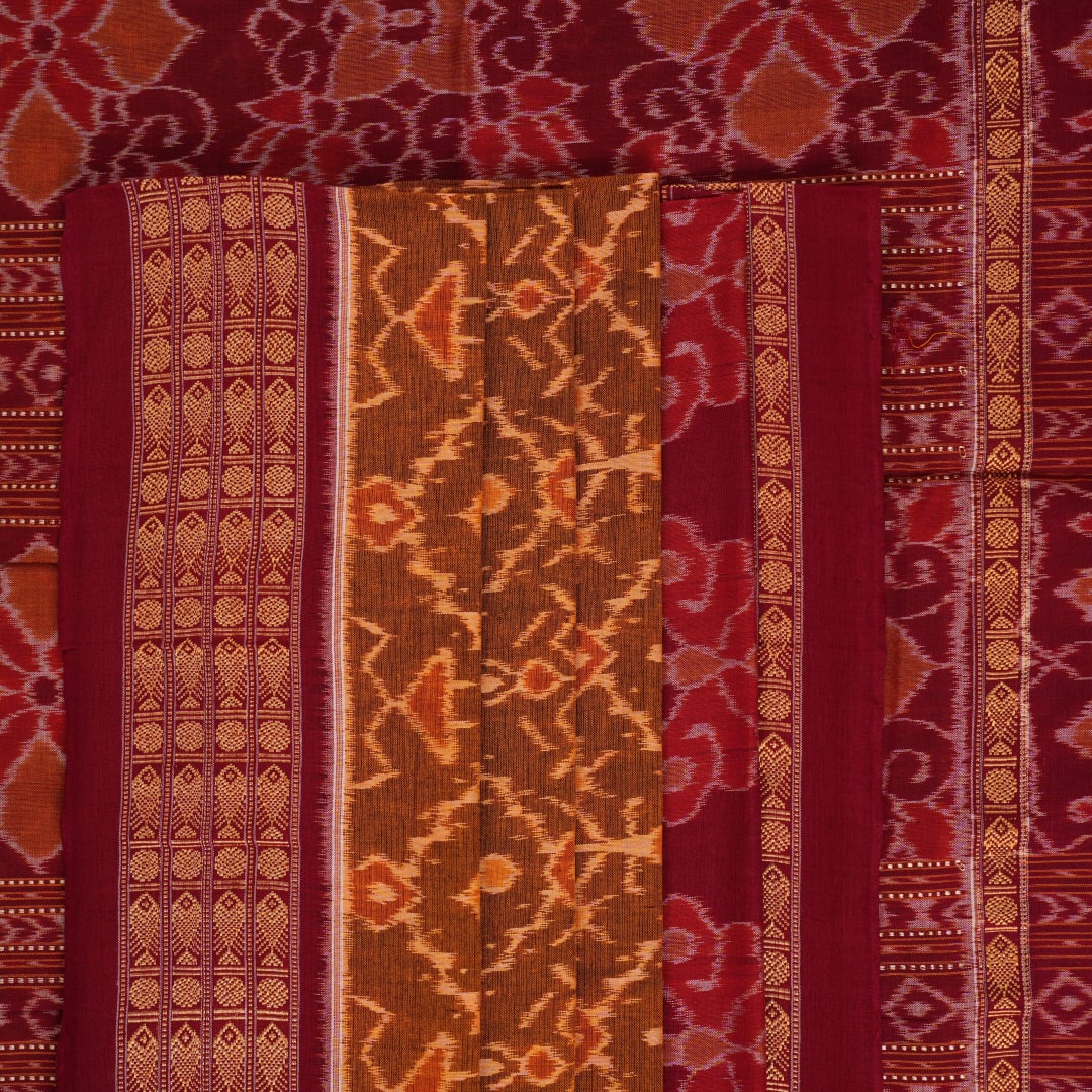 Complete flat layout of the brown and maroon Sambalpuri cotton saree showcasing all patterns and motifs.